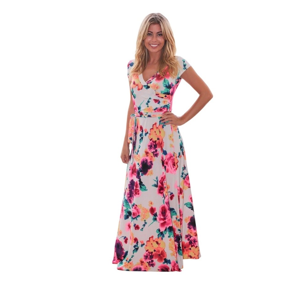 Saved by the Dress Ivory and Hot Pink Floral Wrap Maxi Dress Short Sleeves Sz M